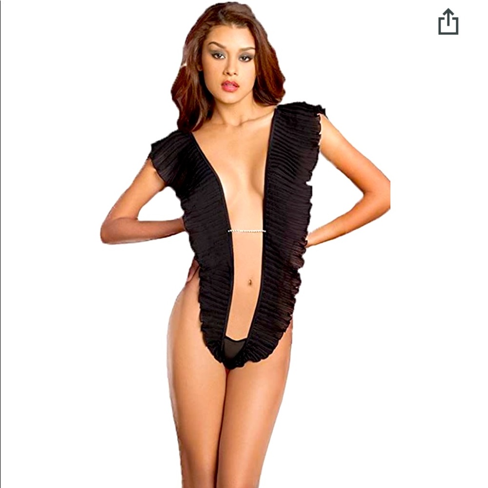 OhLaLaCheri Deep V Plunge One Piece Bodysuit Teddy Lingerie w/ Bow & Rhinestones
